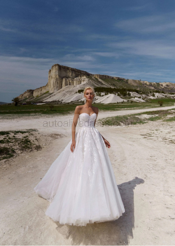 Strapless Beaded White Lace Tulle Fairytale Wedding Dress